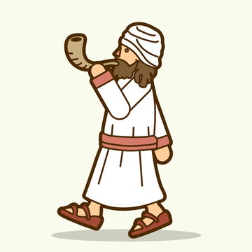 man blowing shofar, white robe, walking clip art preview