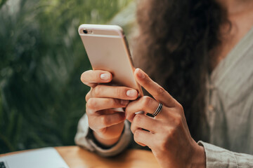 Young beauty girl purple hair make selfie on smartphone, happy face, outdoor hipster portrait on the street, smile happy face, listen music on headphones, Amsterdam street, dance, player,photo concept