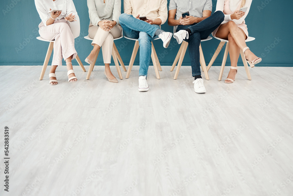 Poster feet, team and business people sitting in the office waiting for job interview, presentation and mee