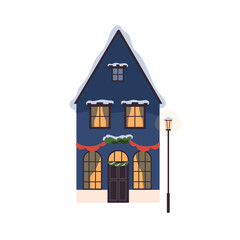 Naklejka premium Winter house with Christmas holiday decoration. European building facade, exterior with festive ornament, traditional Xmas decor on windows, door. Flat vector illustration isolated on white background