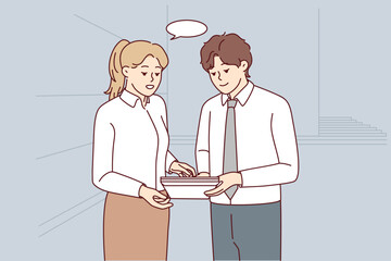 Businesspeople hold document discuss business ideas in office. Colleagues or coworkers talk brainstorm about paper work. Teamwork. Vector illustration. 