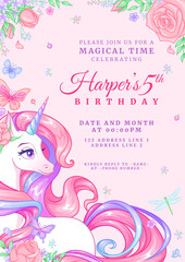 Birthday party invitation template with unicorn, flowers and butterflies. Vector illustration on pink background.