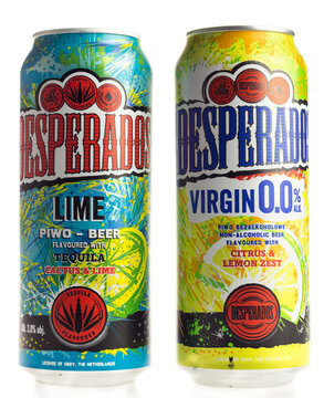 Cans of Desperados Lime and Virgin beers on a white background