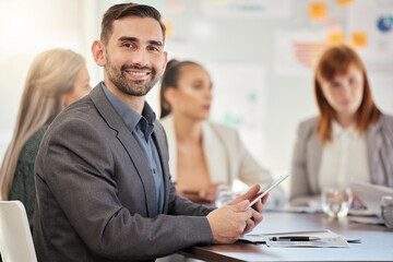 Portrait, business people and meeting in office with team, collaboration and idea for startup marketing. Happy, leader and business man at a table with with team for creative, planning and strategy