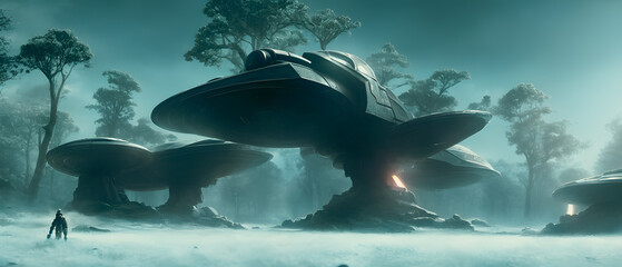 Artistic concept illustration of a crashed caucer, ufo, unknown object, background illustration.
