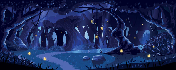 Magical vector fairy forest for game scene, night mysterious forest with lanterns, the path in the night dark forest is illuminated by lanterns and fireflies, cartoon image for game, poster, banner, 