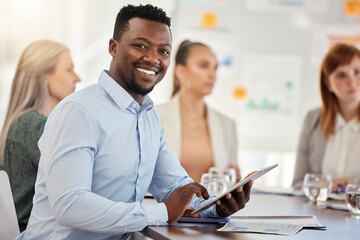 Black man, tablet and business, meeting and collaboration, planning and strategy for digital marketing company and seo. Businessman with tech, teamwork and diversity, corporate workshop.
