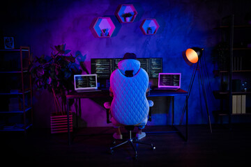 Full size rear behind portrait of working web designer sit chair operating late night modern office...
