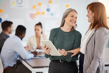 Female colleagues tablet, planning meeting with smile and talking discussion at finance business....