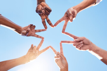 Star, hands and team, solidarity and peace with diversity and community collaboration with blue sky...