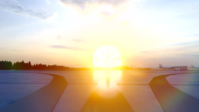 Passenger plane flies towards the rising sun