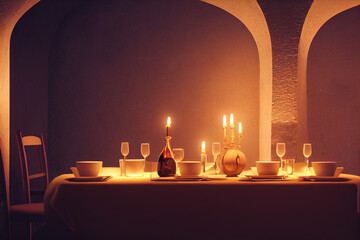 Romantisches Abendessen in einem Gewölbekeller mit Kerzenlicht Illustration
