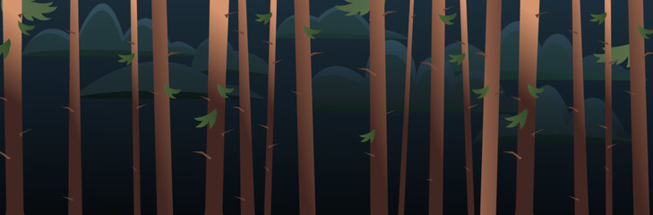 Pine tree trunks. Night darkness. Beautiful nature landscape. Plant view. Fir-trees and coniferous trees. Cartoon fun style. Flat design. Vector.