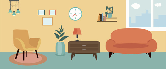 Vector Illustration of an empty cosy living room without people.