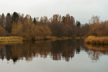 Obraz premium By the mount of Lenaelva River, Toten, Norway, at Sundvika Wetland Reserve, in fall.