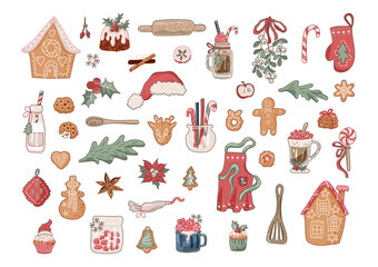 Christmas bakery, hot drinks and gingerbread cookies set. Vector collection.