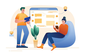 People use gadgets gradient concept with people scene in the flat cartoon design. Young couple use a tablet and a smartphone to check updates on the Internet. Vector illustration.