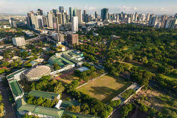 Metro Manila, Philippines - Aerial of La Salle Green Hills and the Ortigas Skyline.