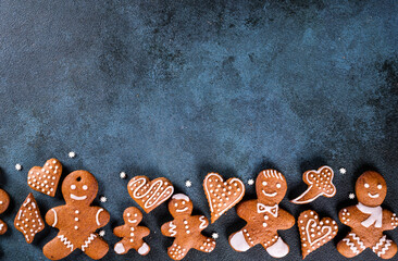 Christmas frame with gingerbread cookies. Christmas cookies, nuts and spices. Copy space for text....