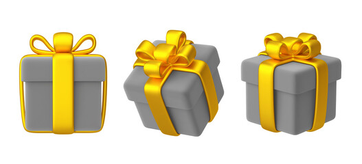 Grey gift boxes with golden ribbon and bow isolated on white. Clipping path included