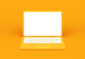 Yellow laptop with blank screen on orange background. Clipping path included