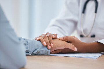 Doctor, patient and holding hands for empathy, trust and hope in consulting, support and healthcare...