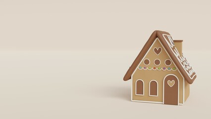 Cute cartoon gingerbread house isolated on brown background 3D rendering