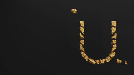Golden luxury stone letter U on black background 3D rendering