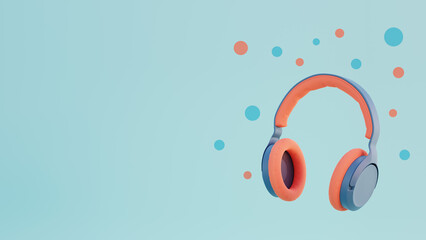Realistic colored headphones with colored balls on a plain background 3D render