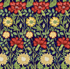 Floral seamless pattern with red and yellow flowers on dark blue background. Vector illustration. - 542889309