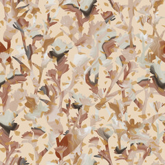 Painted abstract background. Modern seamless pattern with plant silhouettes and gold graphic elements.