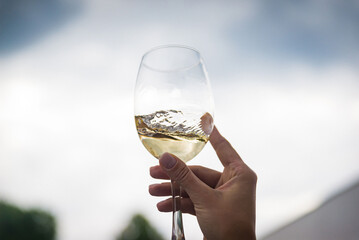 People clinking glasses with wine on the summer terrace of cafe or restaurant