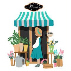 
girl in hat in flower shop on the white background