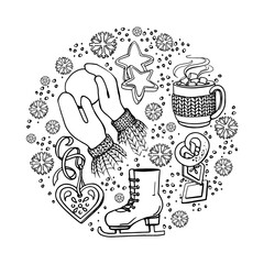 hand drawn winter sketch with ice skate in circle on the white background