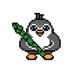 Penguin holding a green garden asparagus shoot, pixel art animal character isolated on white background. Old school retro 80's-90's 8 bit slot machine, computer, 2d video game graphics. Cartoon mascot