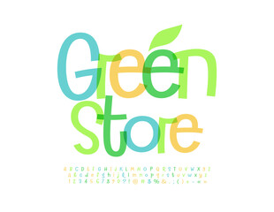 Vector stylish Signboard Green Store. Modern handwritten Font. Artistic Alphabet Letters and Numbers set