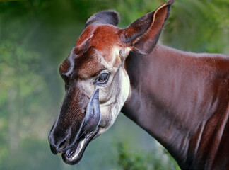 Portrait of an okapi, tongue out.