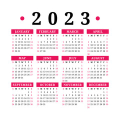 Calendar 2023. Color english square calender. January, February, March, April, May, June, July, August, September, October, November and December