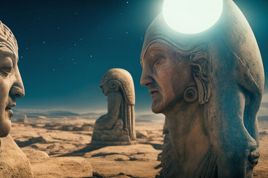 fantasy illustration of three humanlike aliens statues on desert planet and white blue glowing energy light