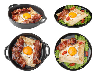 Set with delicious crepes with eggs on white background. Breton galette