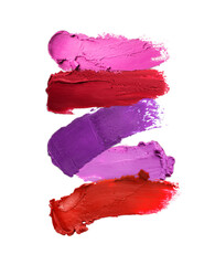 Different lipstick smears on white background. Cosmetic product