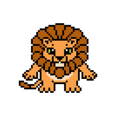 Pixel art lion standing, cute cartoon character isolated on white background.  Old school vintage retro 8 bit 80's-90's slot machine, 2d video game graphics. Zoo or wildlife animal mascot.