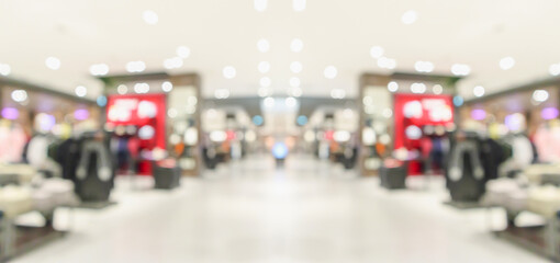 Fototapeta premium Abstract blur clothing boutique display interior of shopping mall background