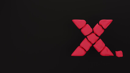 The red letter X on a black background is stylized as a cloth, 3D rendering