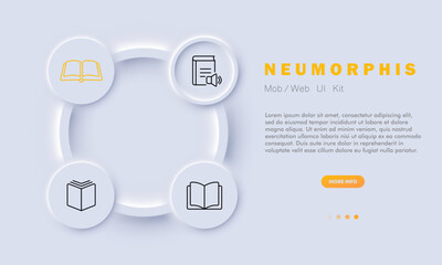 Books set icon. Paper, open, audio, volume, listen, electronic, education, read, reading, information, magazine, newspaper, learning, textbook, data, literature. Knowledge concept. Neomorphism style