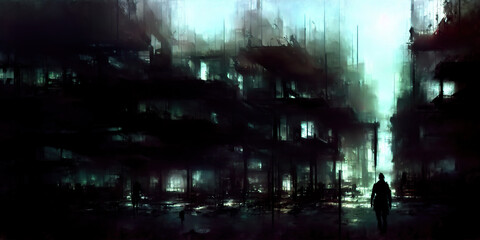 Post apocalyptic World in a dystopian environment. Surreal background. Digital illustration.