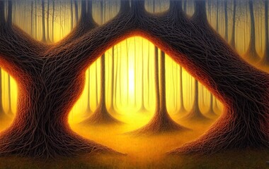Mystical tree, enchanted forest,digital illustration.