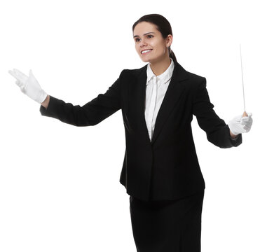 Happy young conductor with baton on white background