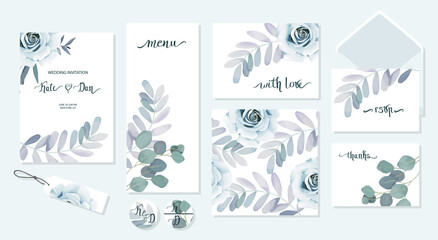 Fototapeta na wymiar Set of floral card with eucalyptus leaves and blue rose. Greenery frame. Rustic style. For wedding, birthday, party, save the date. Vector illustration. Watercolor style