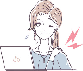 デスクワークによる肩こりに悩む女性　パソコン作業で肩が凝った女の人　人物イラスト素材